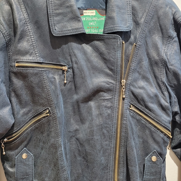 Men's Dark Blue Leather Bomber Jacket - Picture 3 of 13